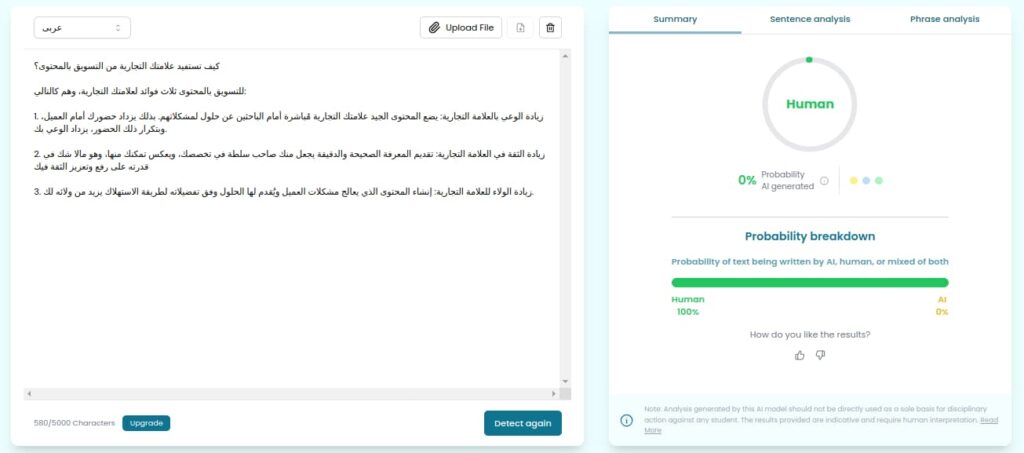 نتيجة اختبار كاشف محتوى الذكاء الاصطناعي isgen.ai بواسطة المحتوى الإنساني